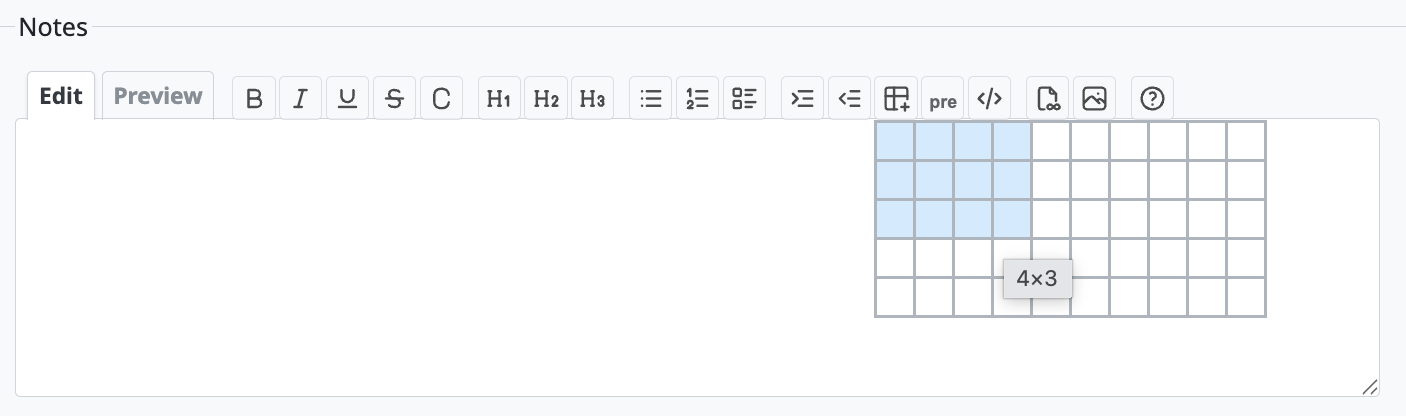 テーブル挿入ボタンをクリックすると表示される行数・列数を選択するグリッド